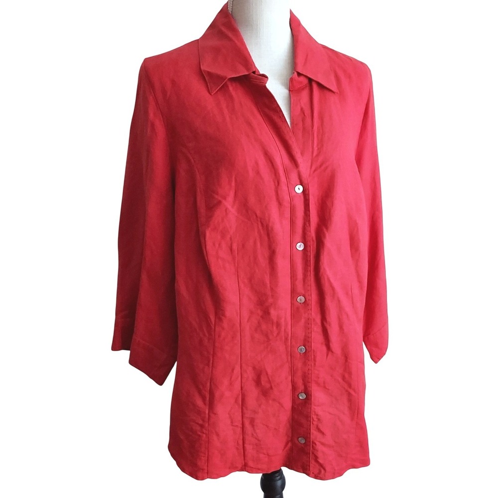 Soft By Avenue Womens Red Linen Blend‎ Button Down 3/4 Sleeve Shirt 18/20